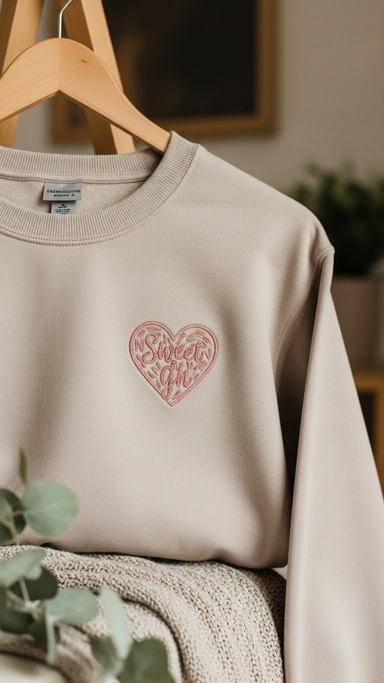 Cozy personalized embroidered sweatshirt with intricate heart design on soft pink fabric draped on wooden hanger with natural light.