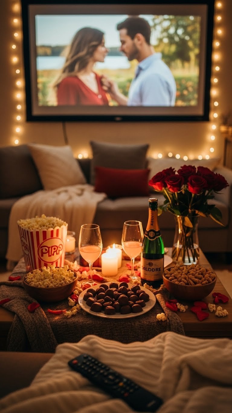 Cozy romantic movie night setup with plush sofa, gourmet popcorn, and soft glowing screen in warm lighting