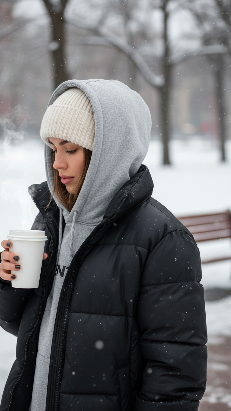 Cozy winter layered outfit with grey Essentials hoodie under black puffer jacket in snowy park setting
