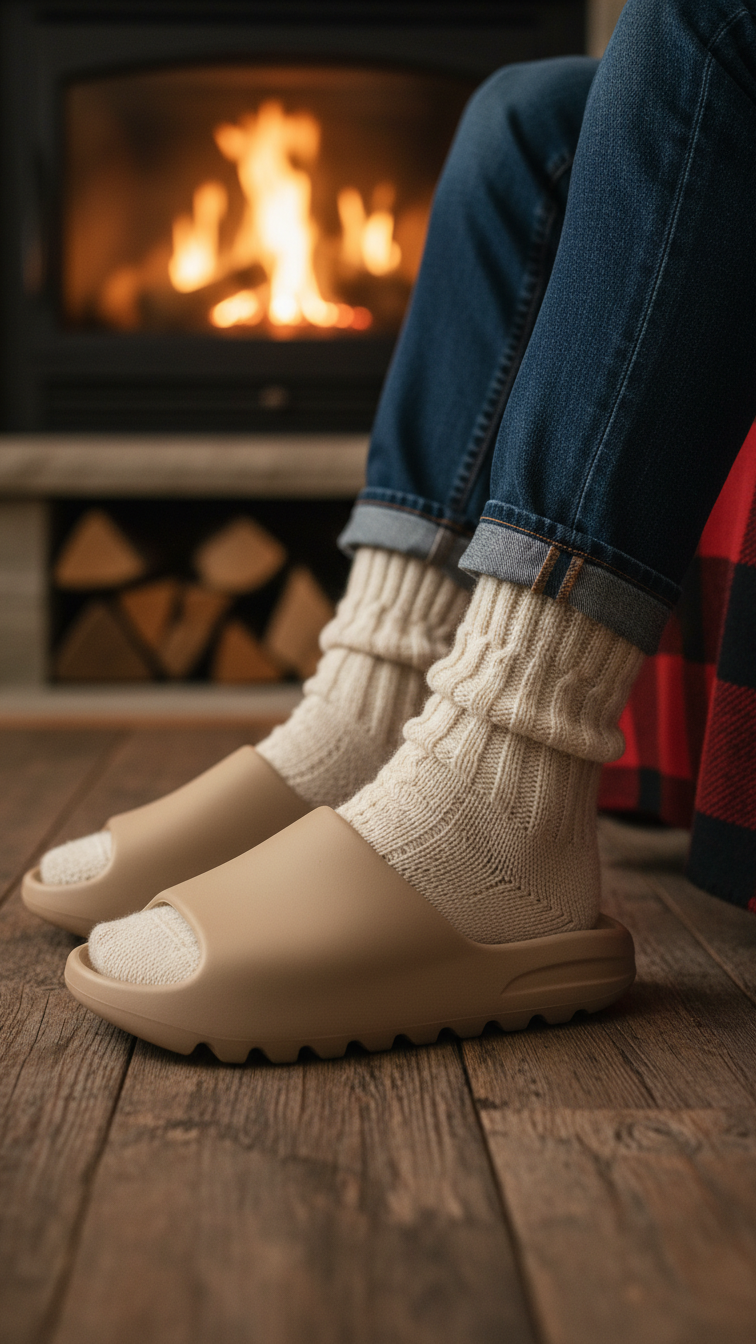Cozy winter outfit detail showing thick wool socks and Yeezy Slides with denim jeans