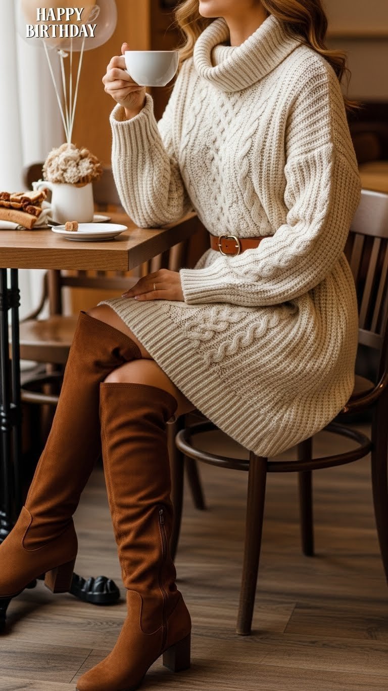 Cozy woman in cream cable knit sweater dress at autumn cafe with warm window light atmosphere