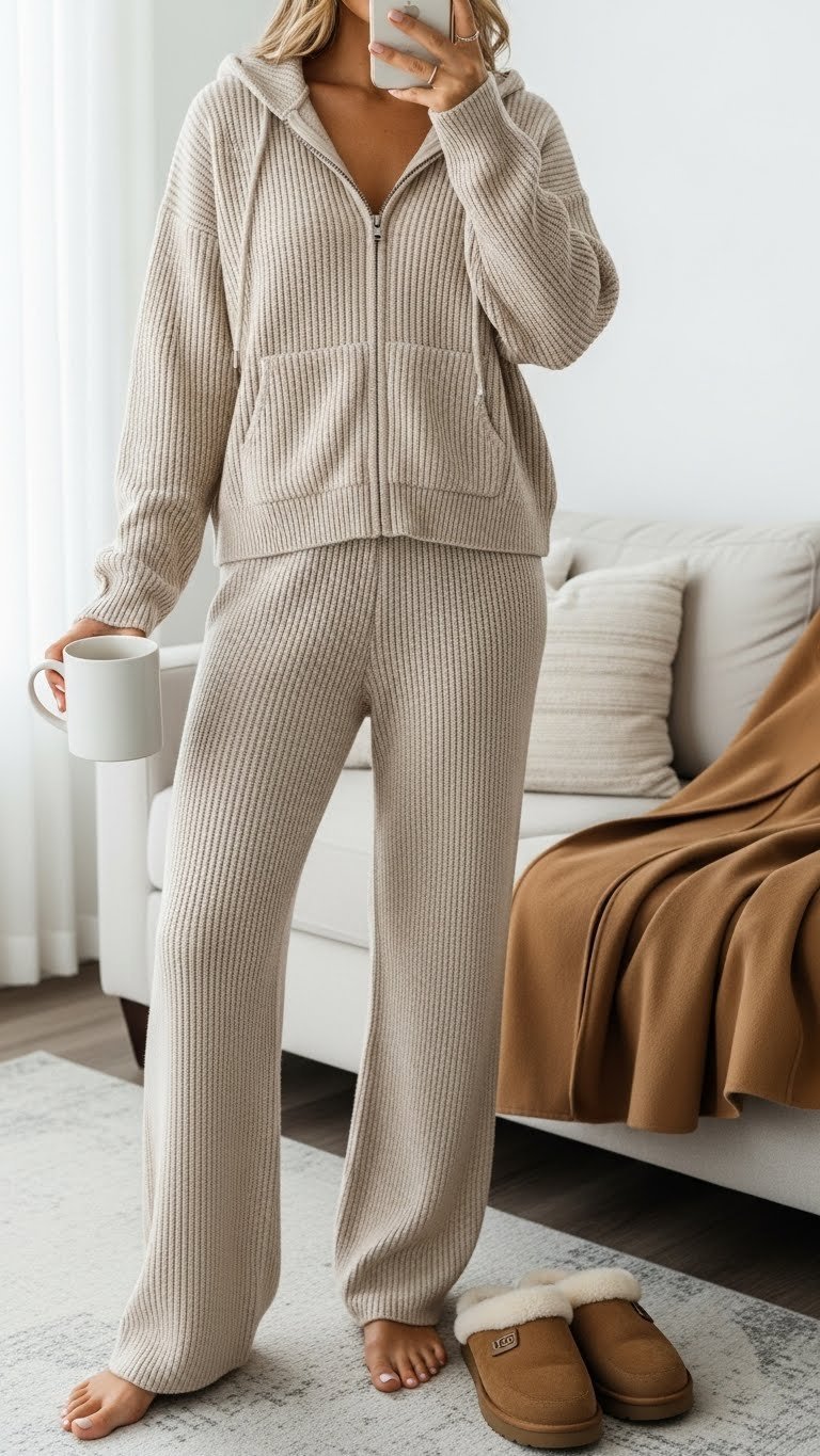 Cozy woman in cream knit hoodie set holding coffee mug in bright living room interior
