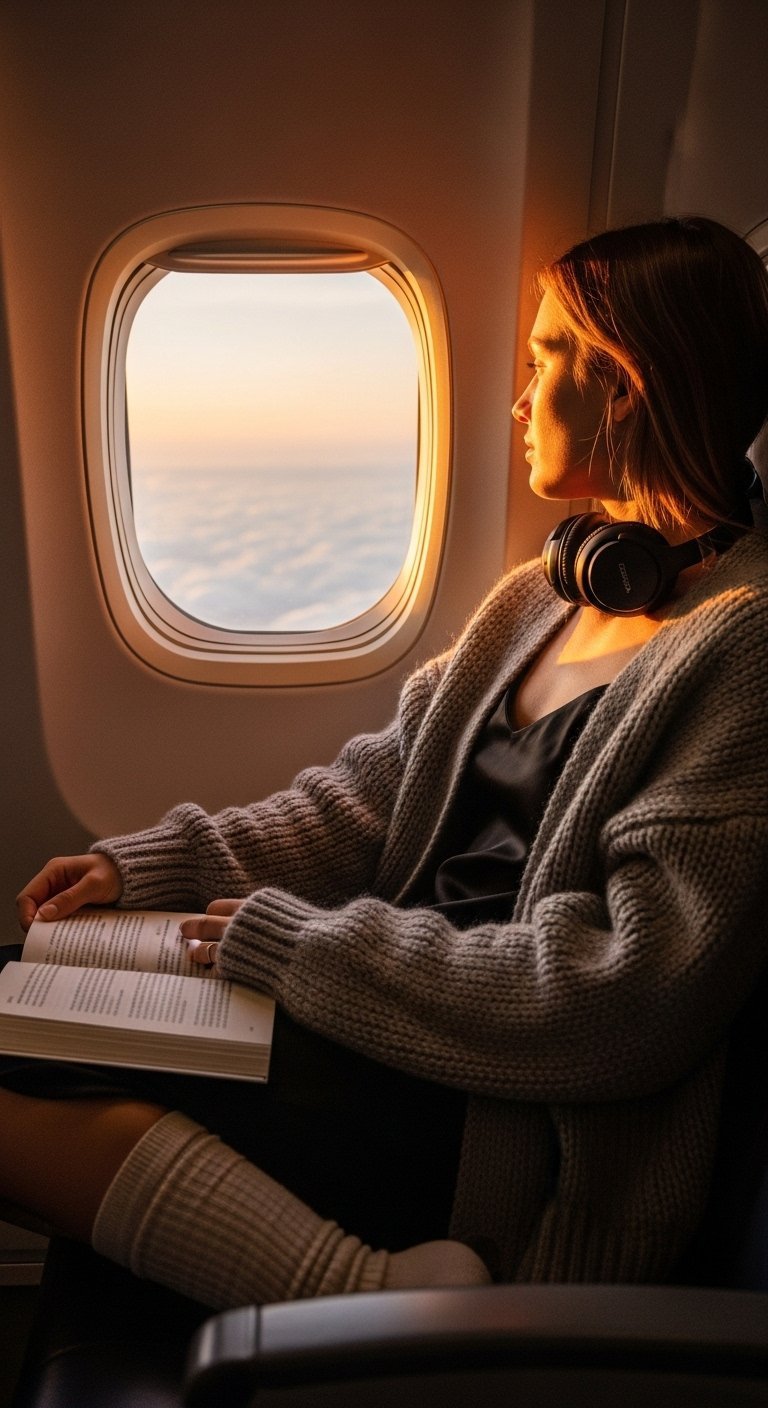 Cozy woman in oversized grey cashmere cardigan curled up in airplane window seat watching sunset through window