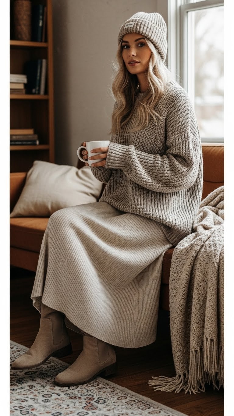 Cozy woman wearing knitted long skirt with oversized sweater and boots in warm rustic living room