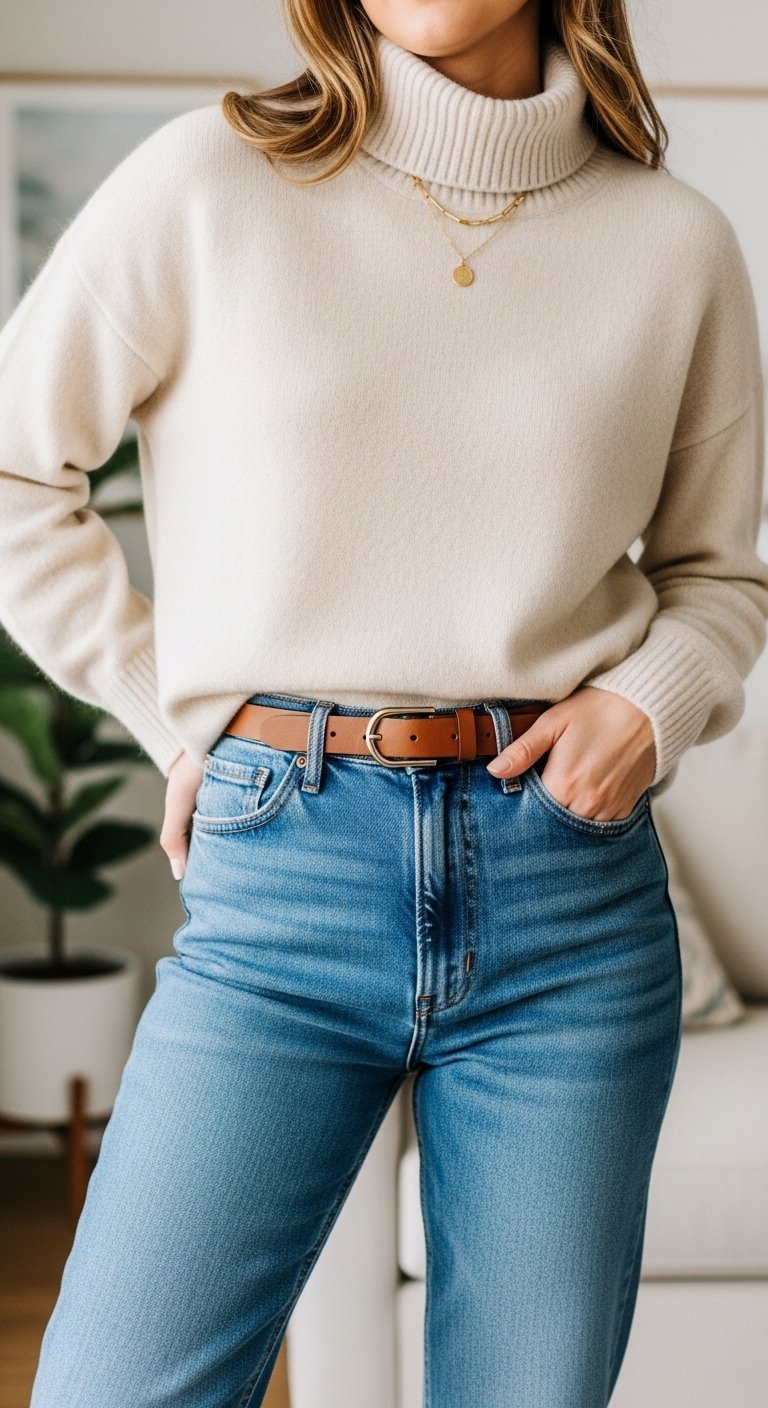Cream cashmere turtleneck sweater tucked into medium-wash straight-leg jeans with leather belt in minimalist interior setting