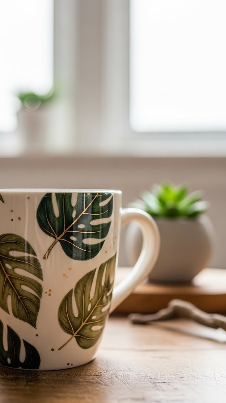 Cream ceramic mug with detailed botanical leaf patterns in olive green on rustic wooden surface