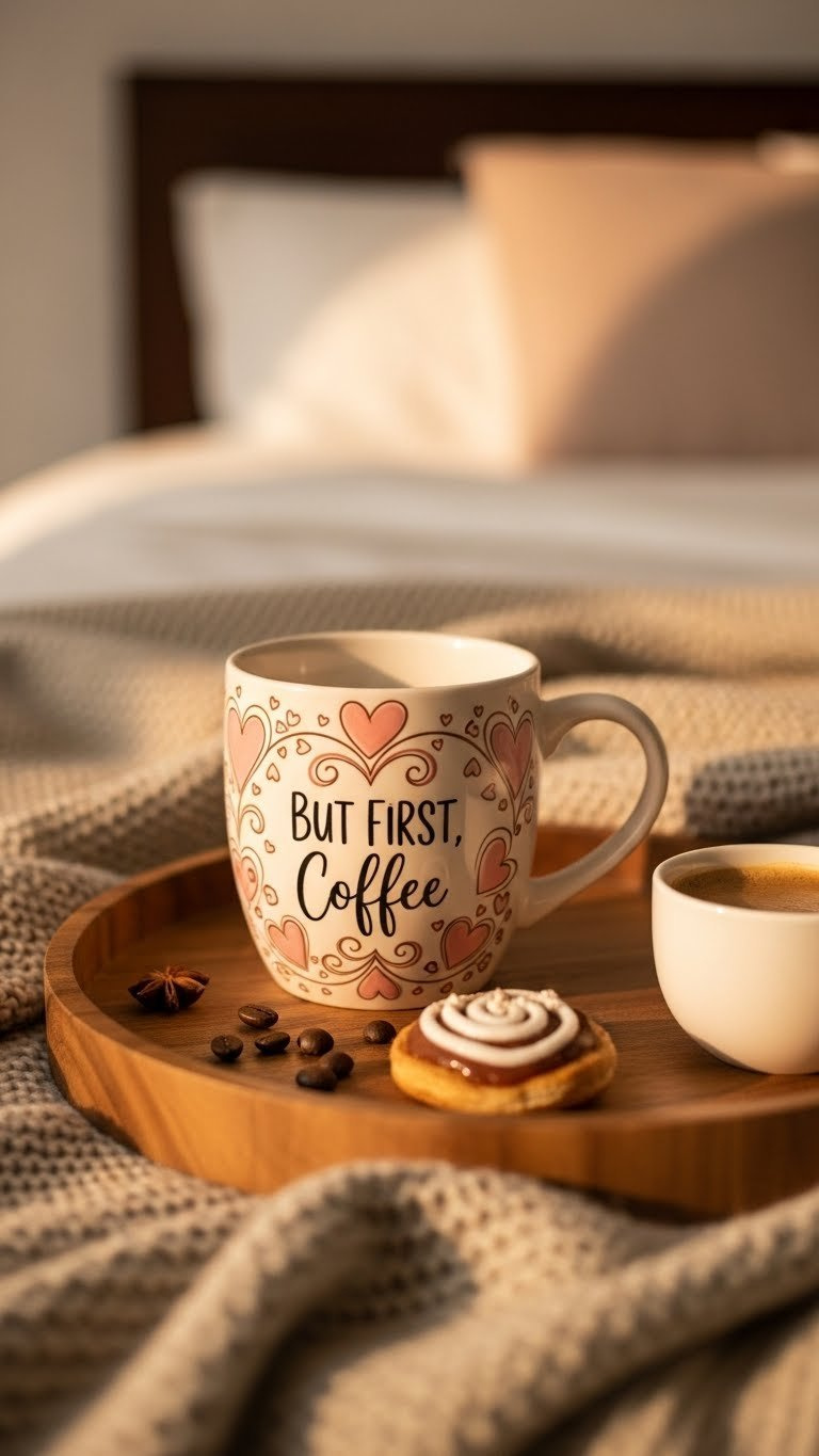 Cream ceramic mug with hand-painted pink hearts and coffee bean motifs featuring 'But First, Coffee' text on wooden tray.