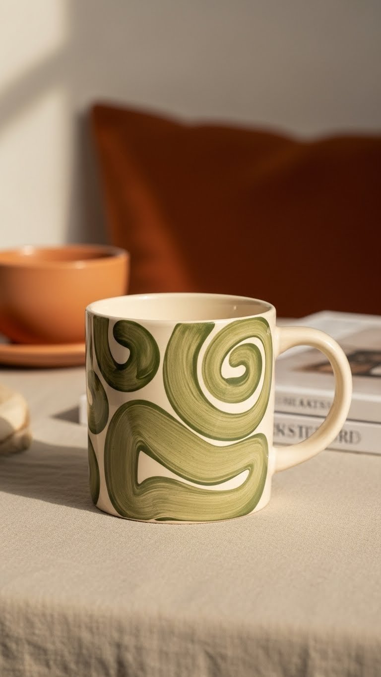 Cream ceramic mug with olive green abstract swirls on linen tablecloth with cozy blanket