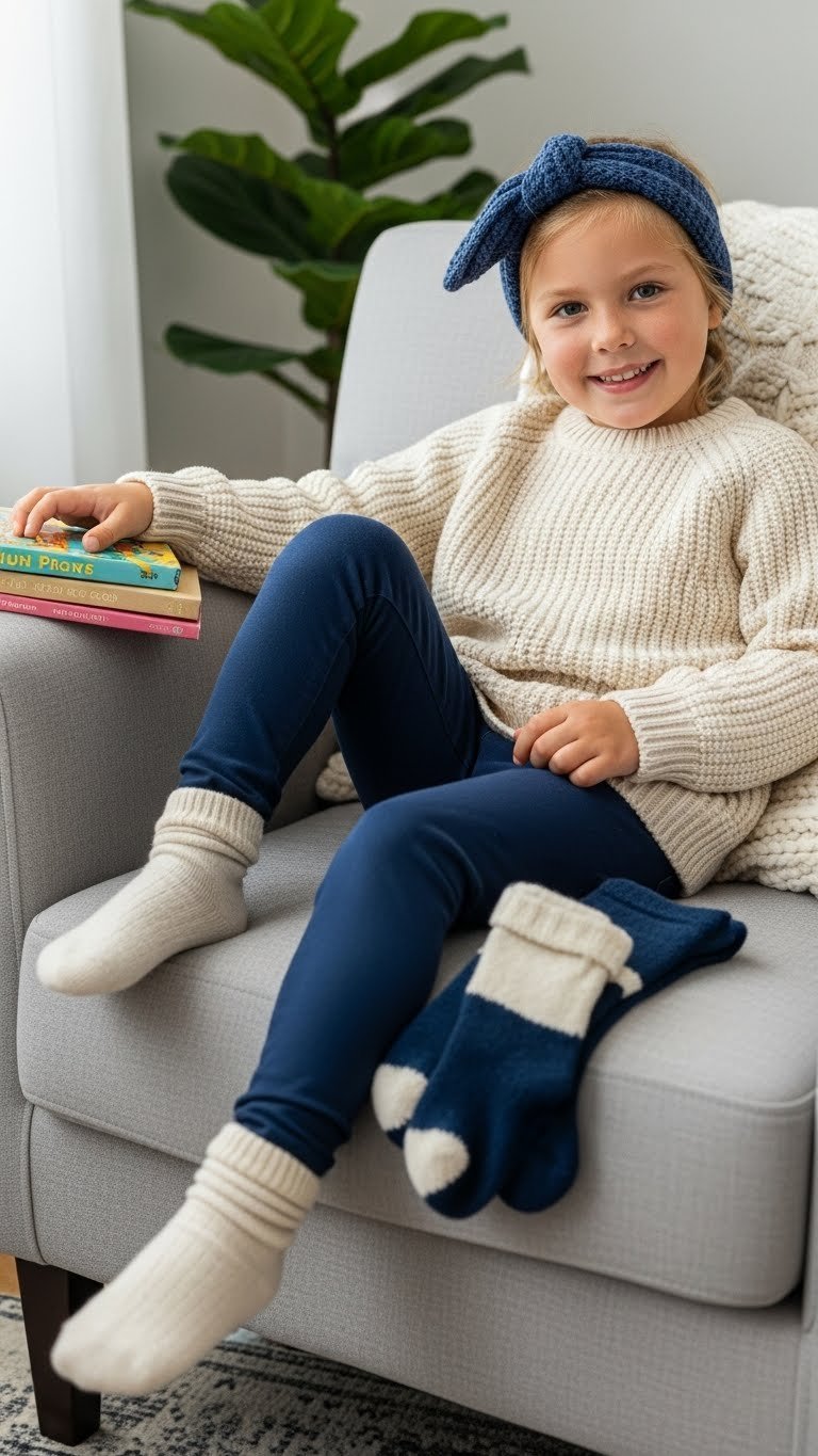 Cream chunky-knit sweater and dark-wash leggings on gray armchair with books and fuzzy socks