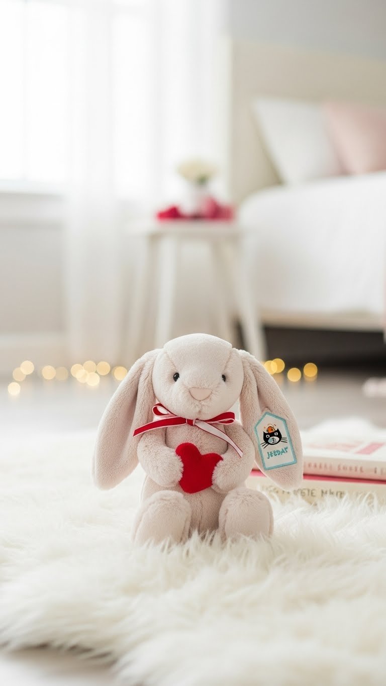 Cream-colored Jellycat Bashful Bunny with red heart accessory on white faux fur rug in soft natural lighting