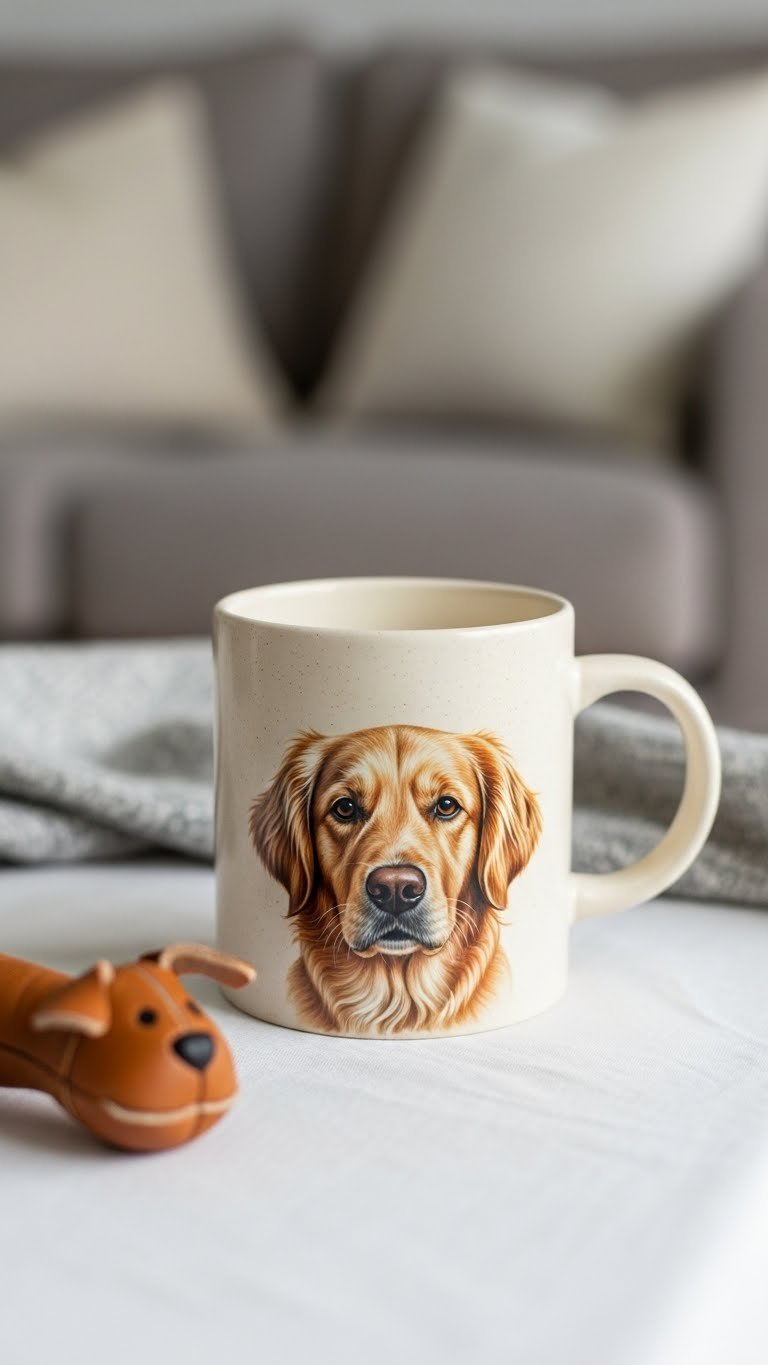 Cream-colored ceramic mug with realistic golden retriever portrait on white tablecloth in cozy living room setting