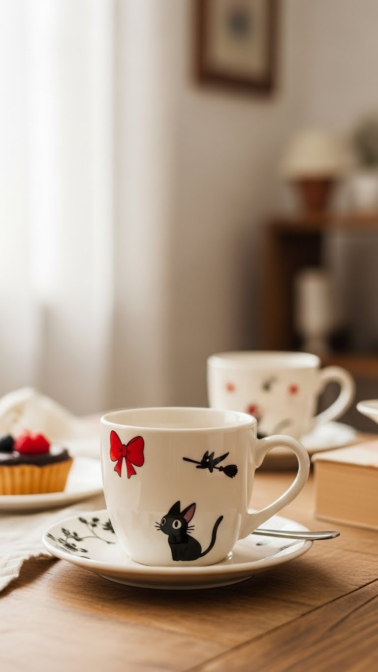 Cream-colored mug with subtle Kiki's Delivery Service red bow and cat silhouette accents