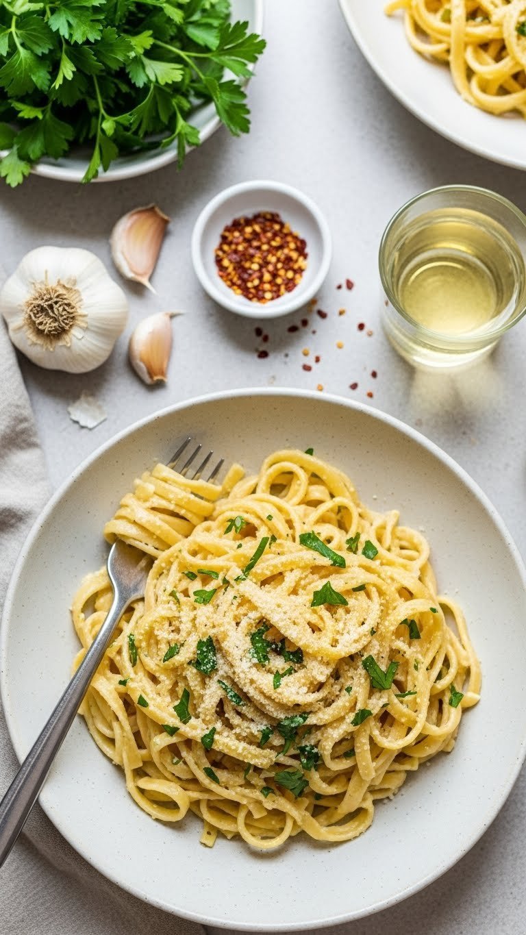 Creamy garlic pasta with fresh herbs and grated Parmesan cheese in artisanal pasta bowl