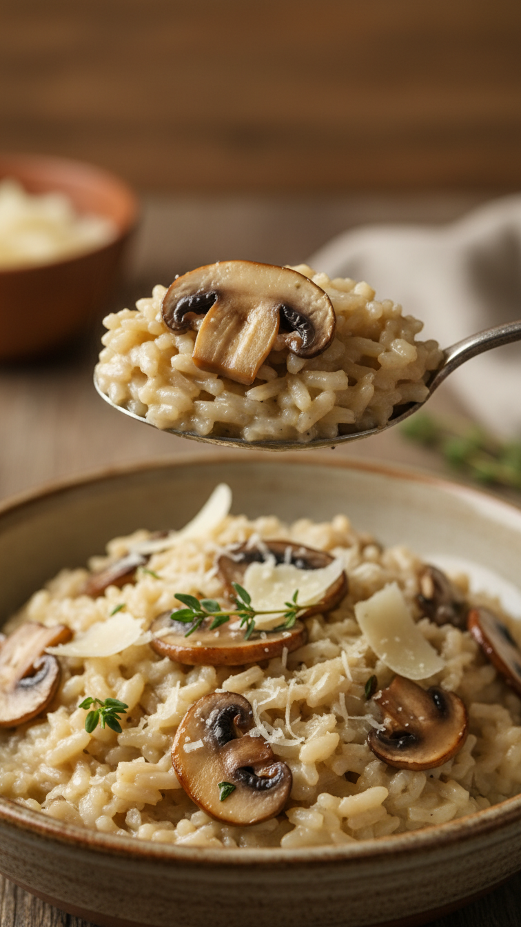 Creamy mushroom risotto with sautéed mushrooms and Parmesan cheese being lifted on a spoon