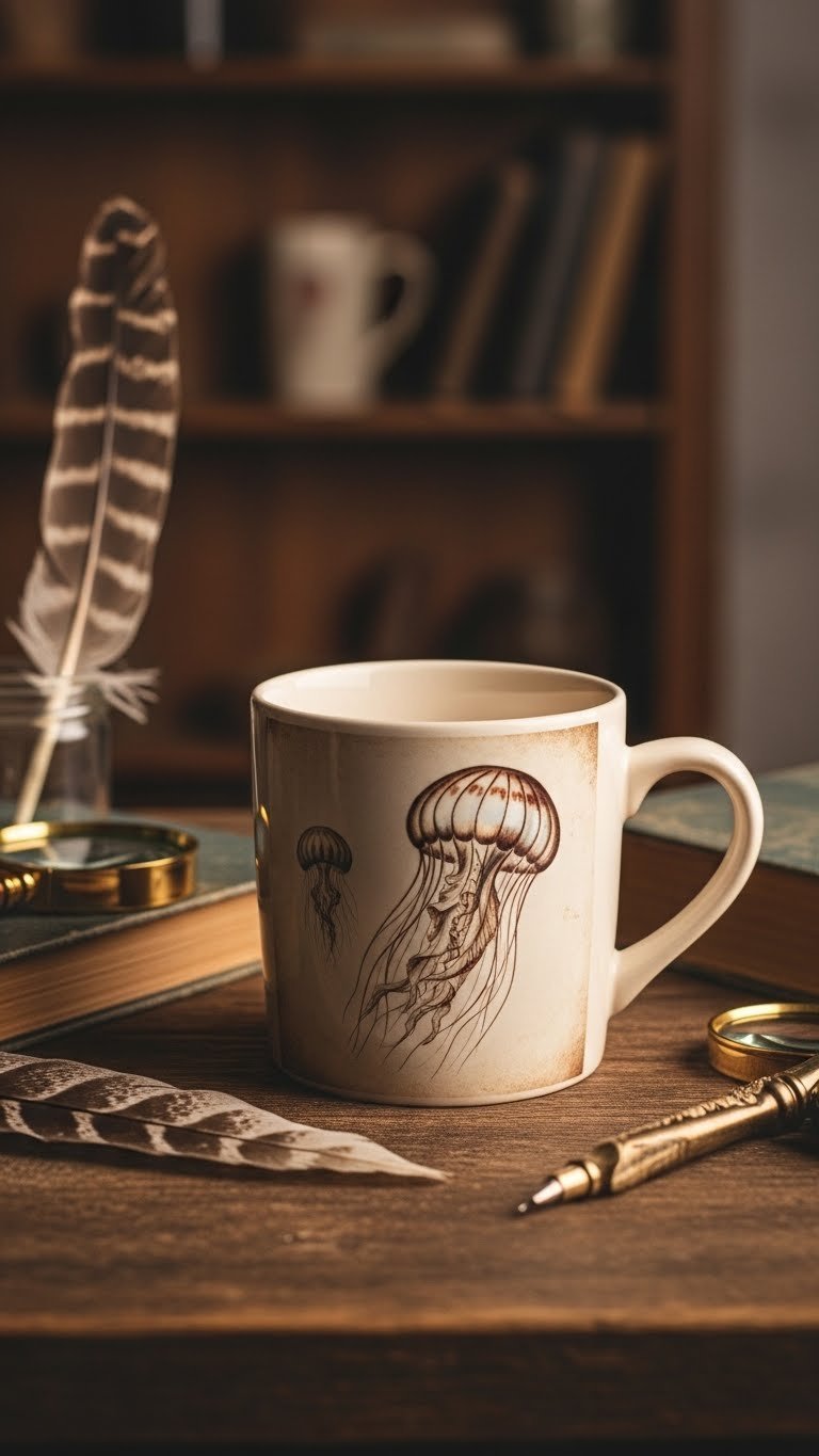 Creamy off-white ceramic mug with vintage sepia-toned jellyfish illustration on rustic wooden surface