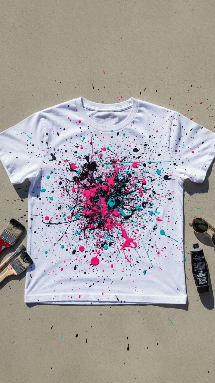 Creative DIY splatter paint t-shirt with black, pink, and teal fabric paint drips on light gray concrete surface.