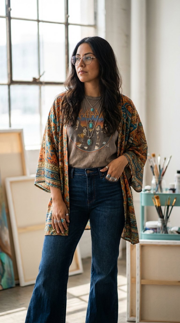 Creative Latina woman in vintage band tee and patterned kimono in artistic loft studio setting