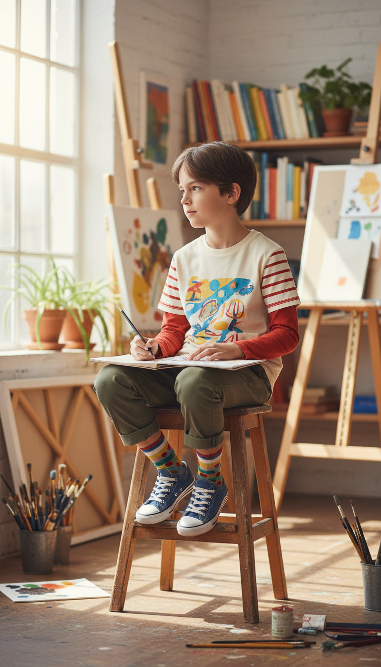 Creative boy in layered graphic tee and chinos working in art studio with large window lighting