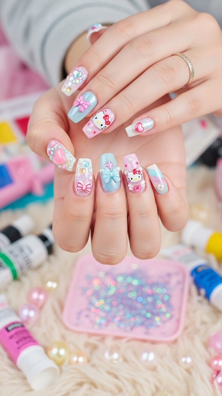 Creative freestyle Hello Kitty nail art with charms, bows, and pearls on coffin-shaped nails with pastel colors.