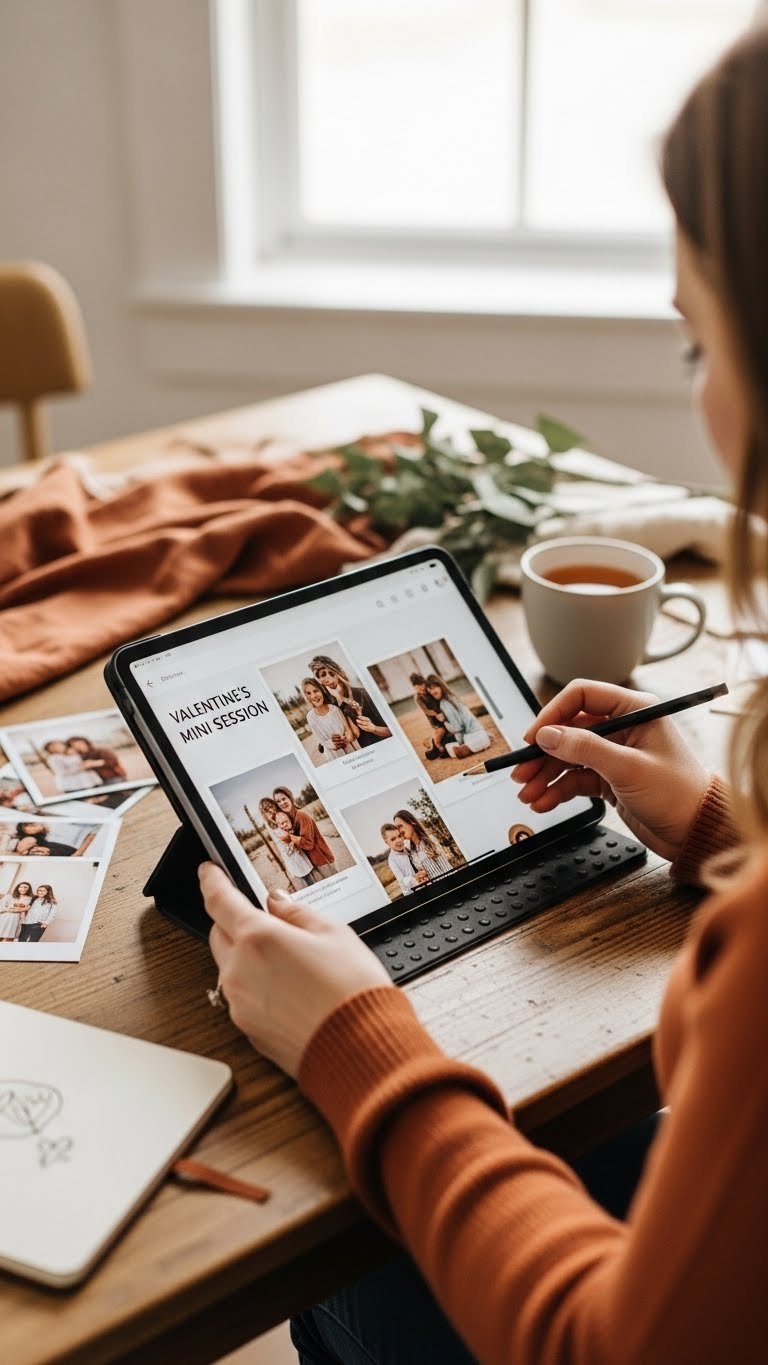 Creative professional designing Valentine's mini session social media content on modern tablet with marketing strategy