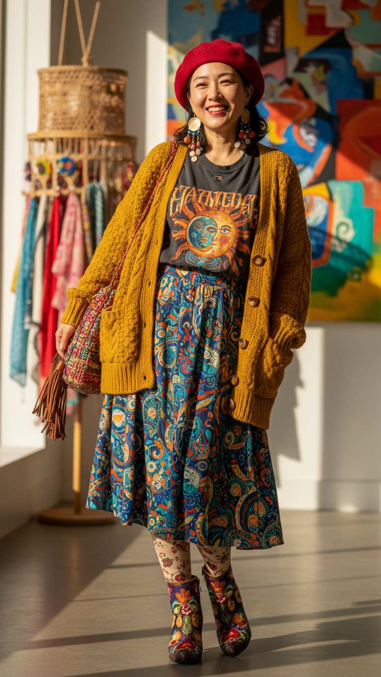 Creatively styled person wearing artsy eclectic outfit with patterned skirt and layered textures in art gallery