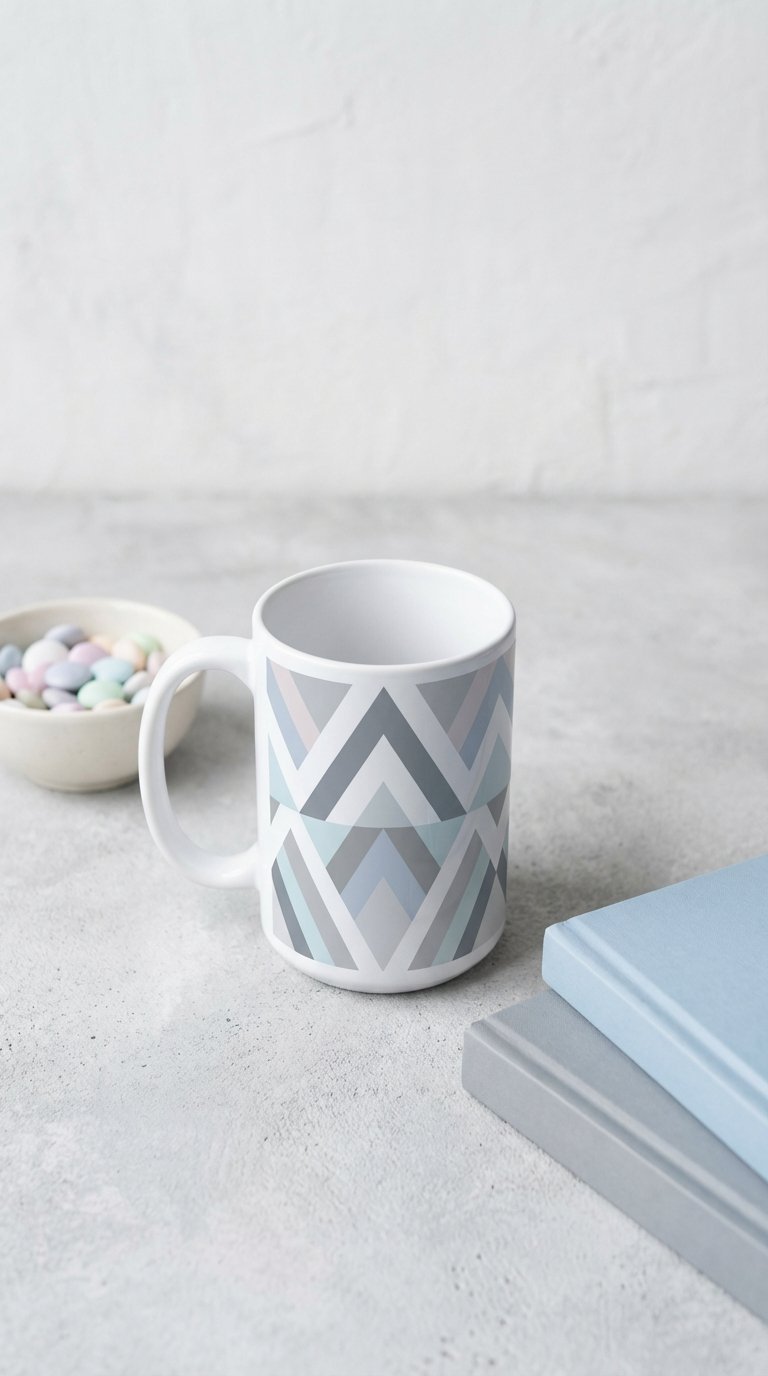 Crisp ceramic mug featuring geometric pattern in modern color palette on concrete surface