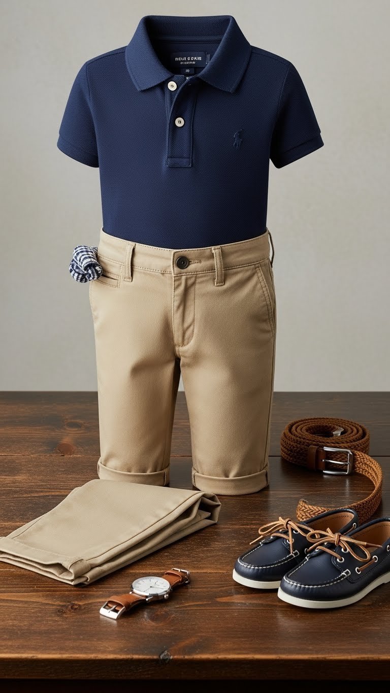 Crisp khaki chino pants and navy polo shirt folded neatly with leather watch and boat shoes