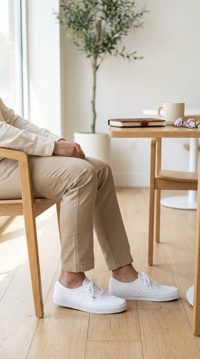 Crisp white Vans Authentic sneakers with tailored chinos in minimalist cafe setting with natural light