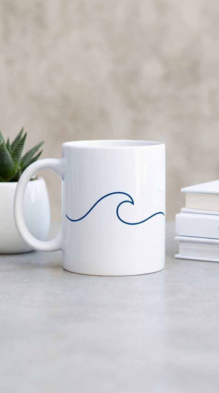 Crisp white ceramic mug showcasing minimalist black wave line art drawing on grey concrete surface