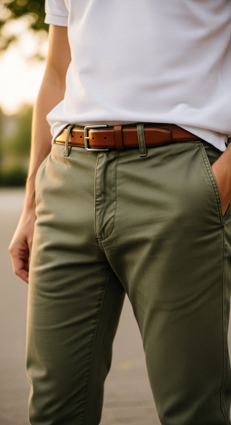 Crisp white cotton polo shirt tucked into slim-fit olive green chinos with brown leather belt in golden hour park setting