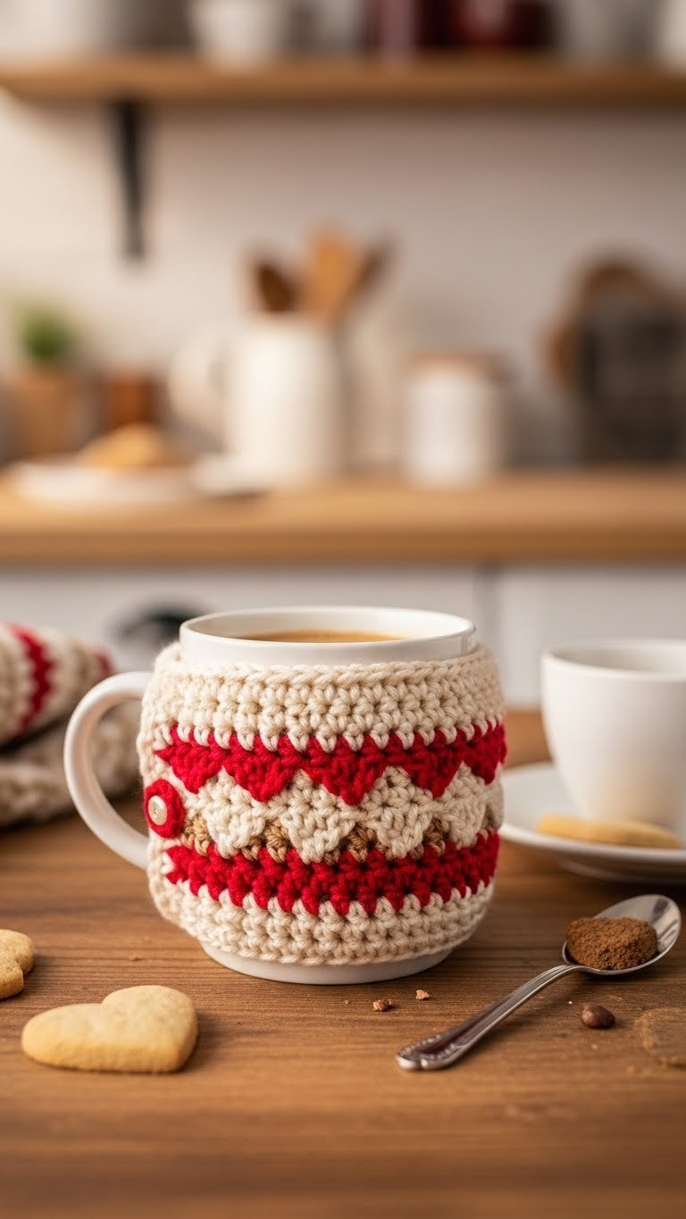 Crochet mug cozy with heart patterns wrapped around ceramic mug on rustic wooden table with warm lighting
