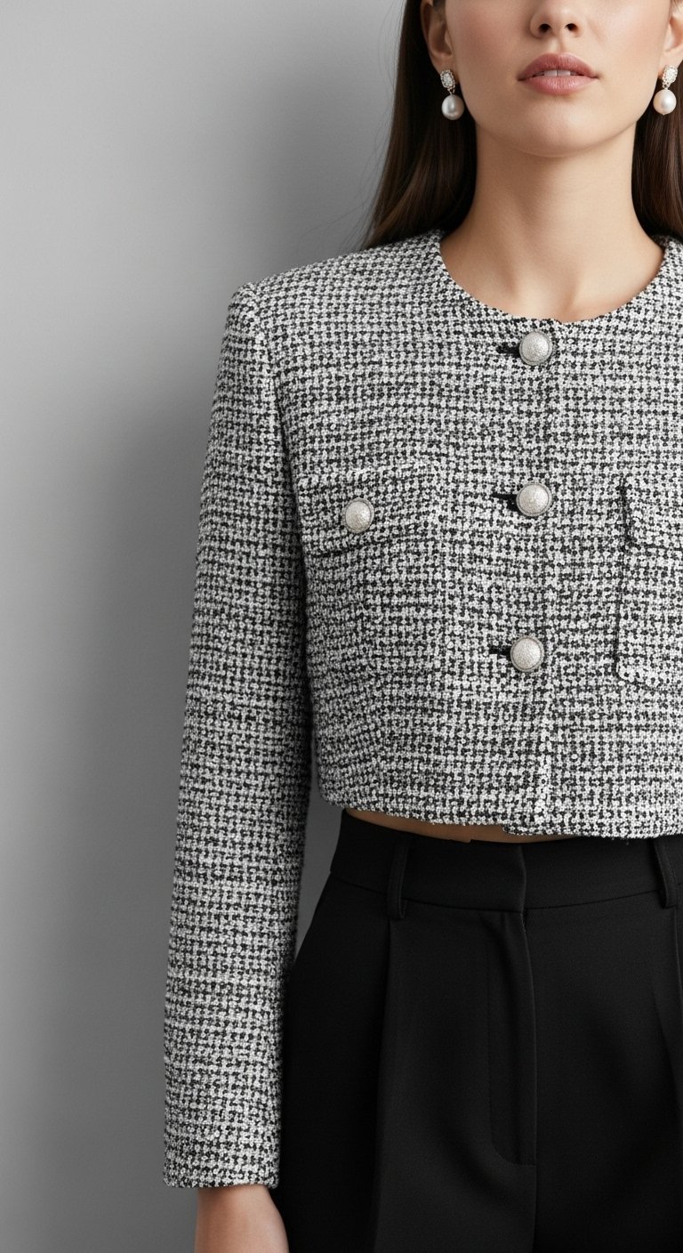 Cropped black and white tweed jacket worn over high-waisted trousers with pearl earrings against solid grey wall