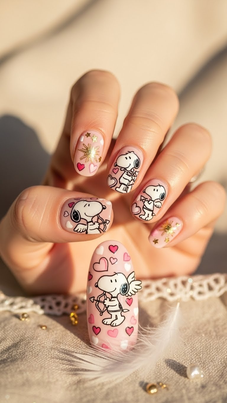 Cupid Snoopy themed nail art with wings and bow on soft pastel background