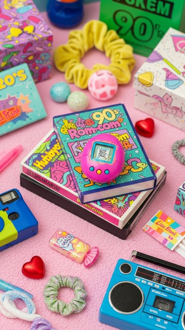 Curated 90s aesthetic gift ideas including Tamagotchi, VHS tapes, and Lisa Frank stationery on colorful background