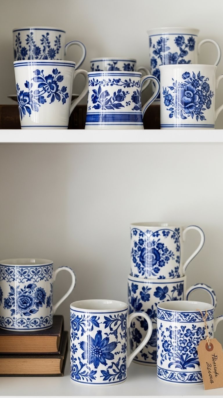 Curated display of several collectible vintage painted mugs arranged harmoniously showcasing diverse historical patterns and styles