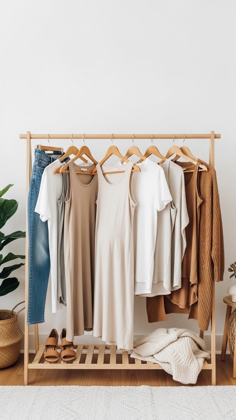 Curated maternity capsule wardrobe display with neutral clothing items in minimalist interior setting