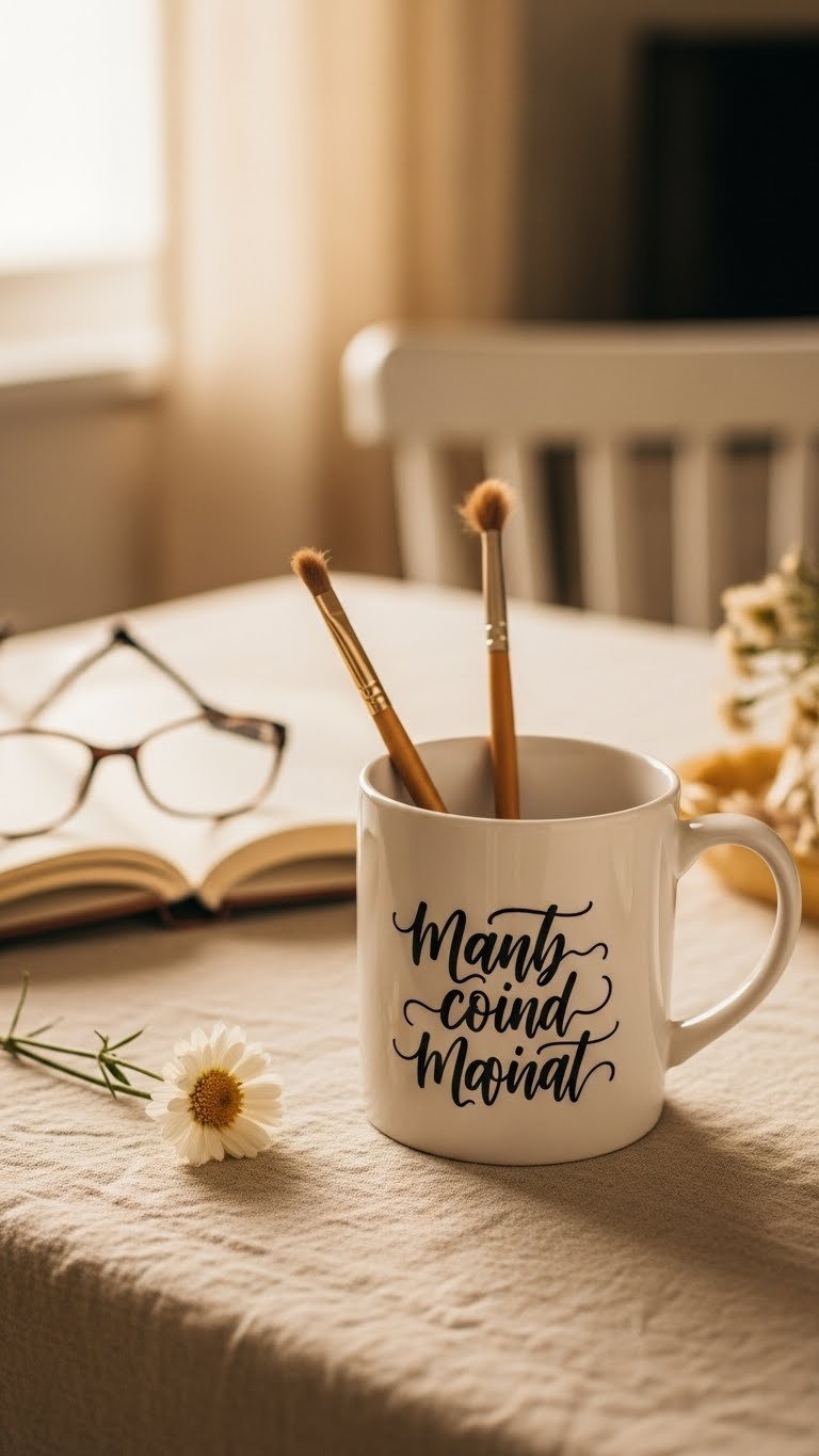 Custom calligraphy hand painted mug with personalized artwork on linen tablecloth in warm golden light