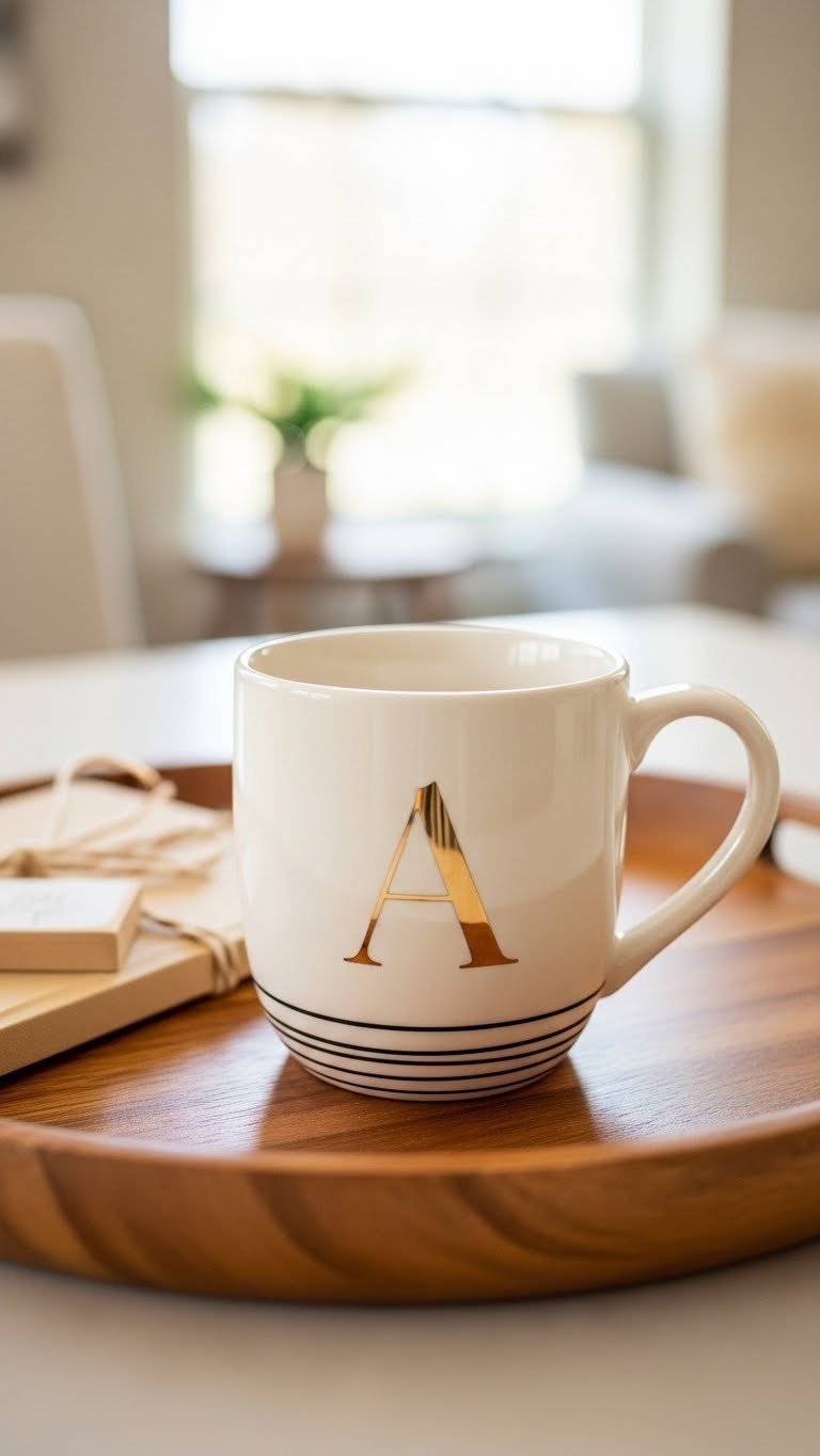 Custom ceramic mug with gold initial A and coordinating black and white striped accents on wooden tray