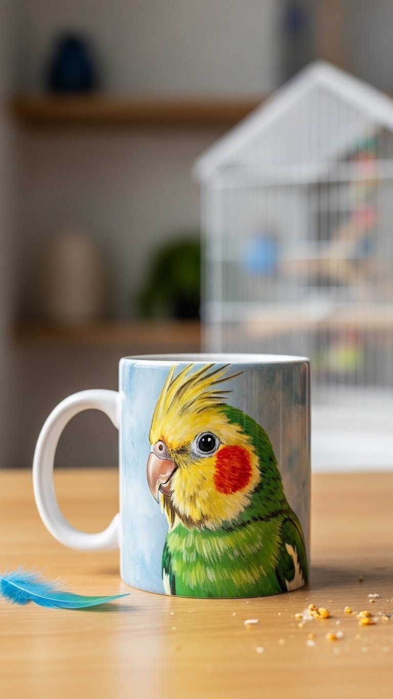 Custom ceramic mug with personalized pet bird portrait against clean tabletop with home interior