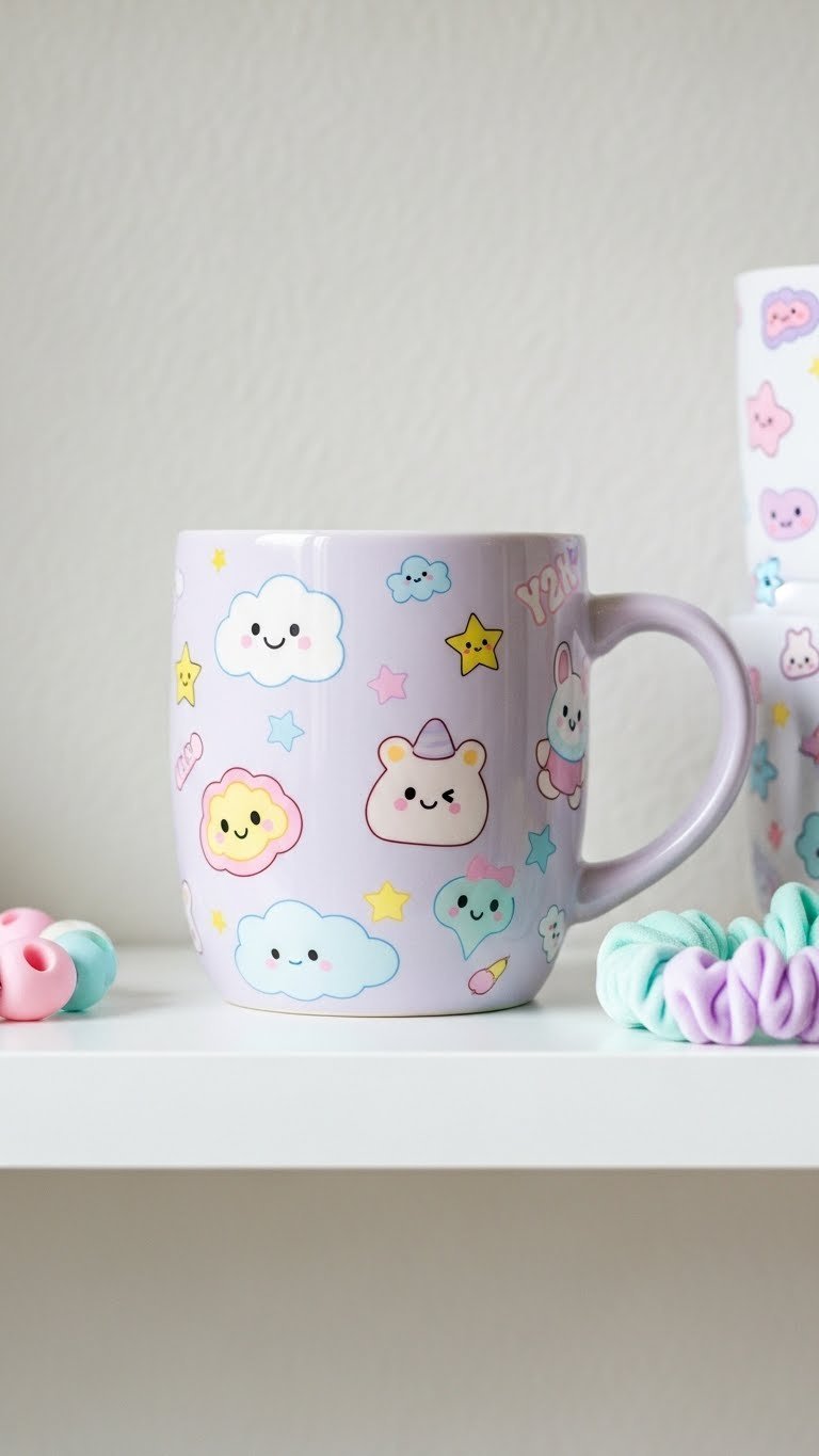 Custom handmade ceramic mug adorned with whimsical kawaii characters in soft pastel lavender and mint colors