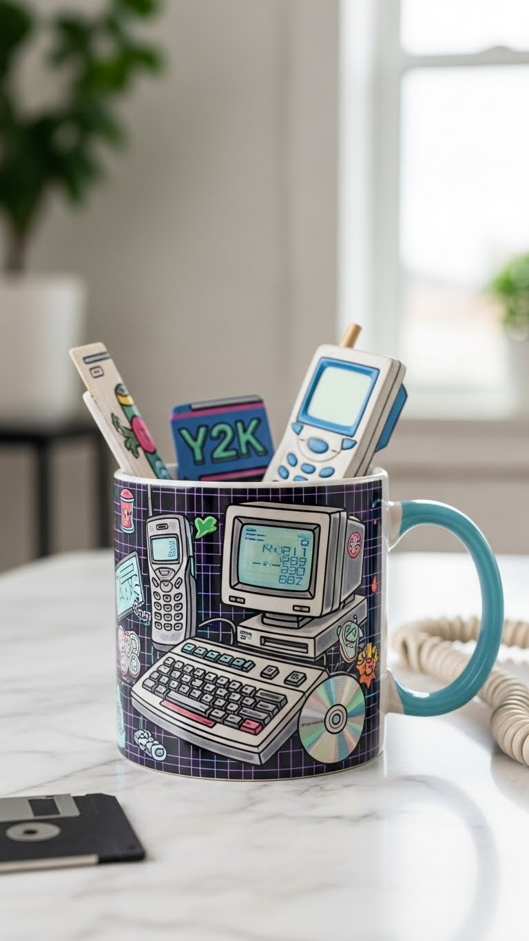 Custom handmade mug with retro tech icons and dial-up nostalgia imagery in muted blue and gray vintage aesthetic