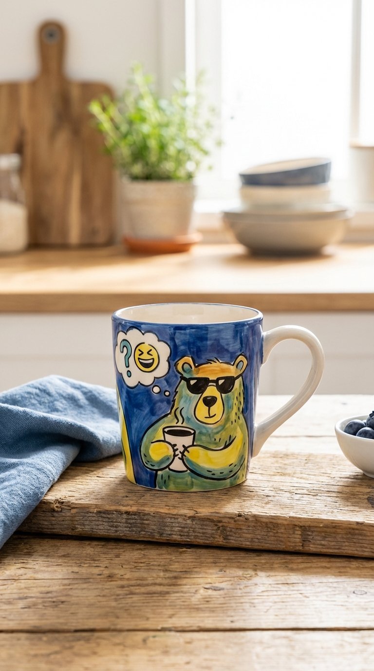 Custom-made ceramic mug with humorous quote design on rustic wooden table in vibrant daylight setting