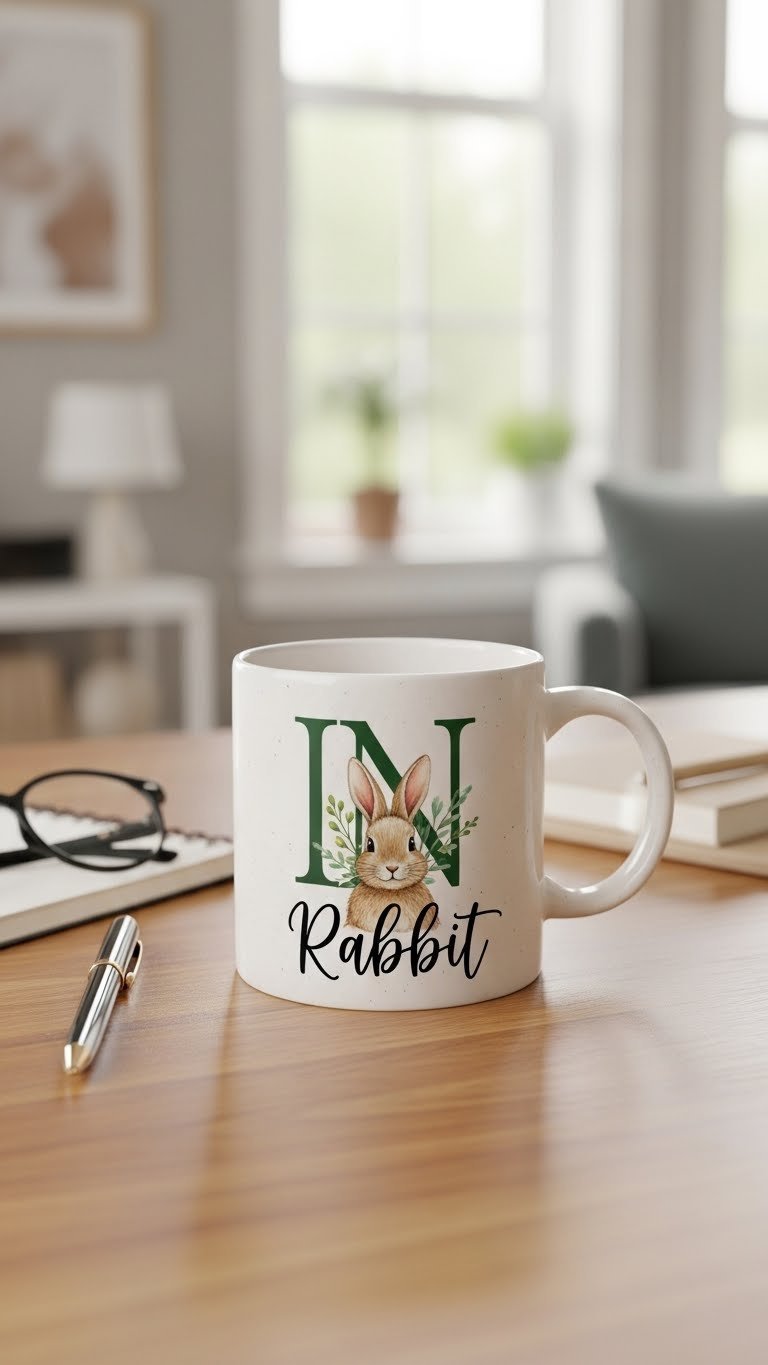 Customizable initial rabbit painted ceramic mug on minimalist wooden desk with personalized office decor backdrop