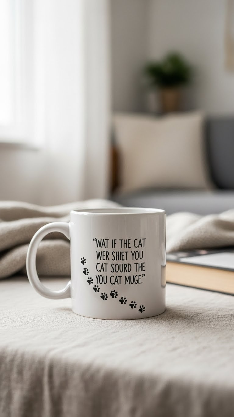 Customized ceramic coffee mug with elegant cat quote typography and delicate paw prints on linen tablecloth