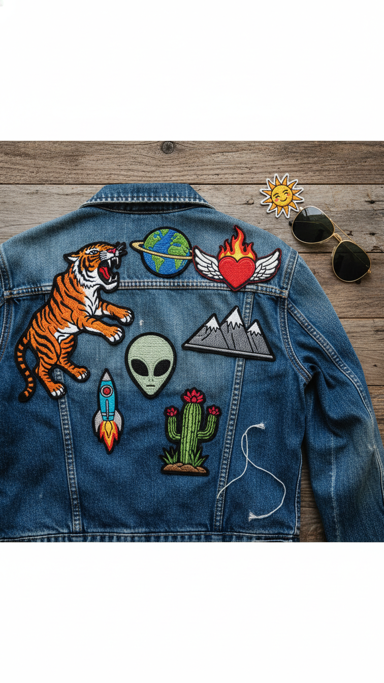Customized denim jacket with embroidered iron-on patches laid flat on rustic wooden table surface.
