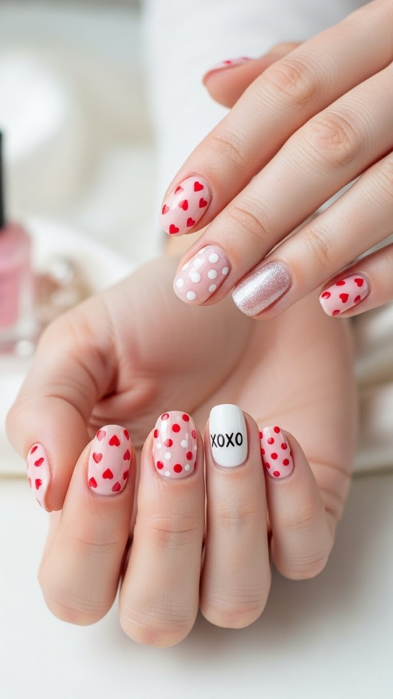 Cute Valentine's nail art featuring heart designs on oval-shaped nails with light pink polish