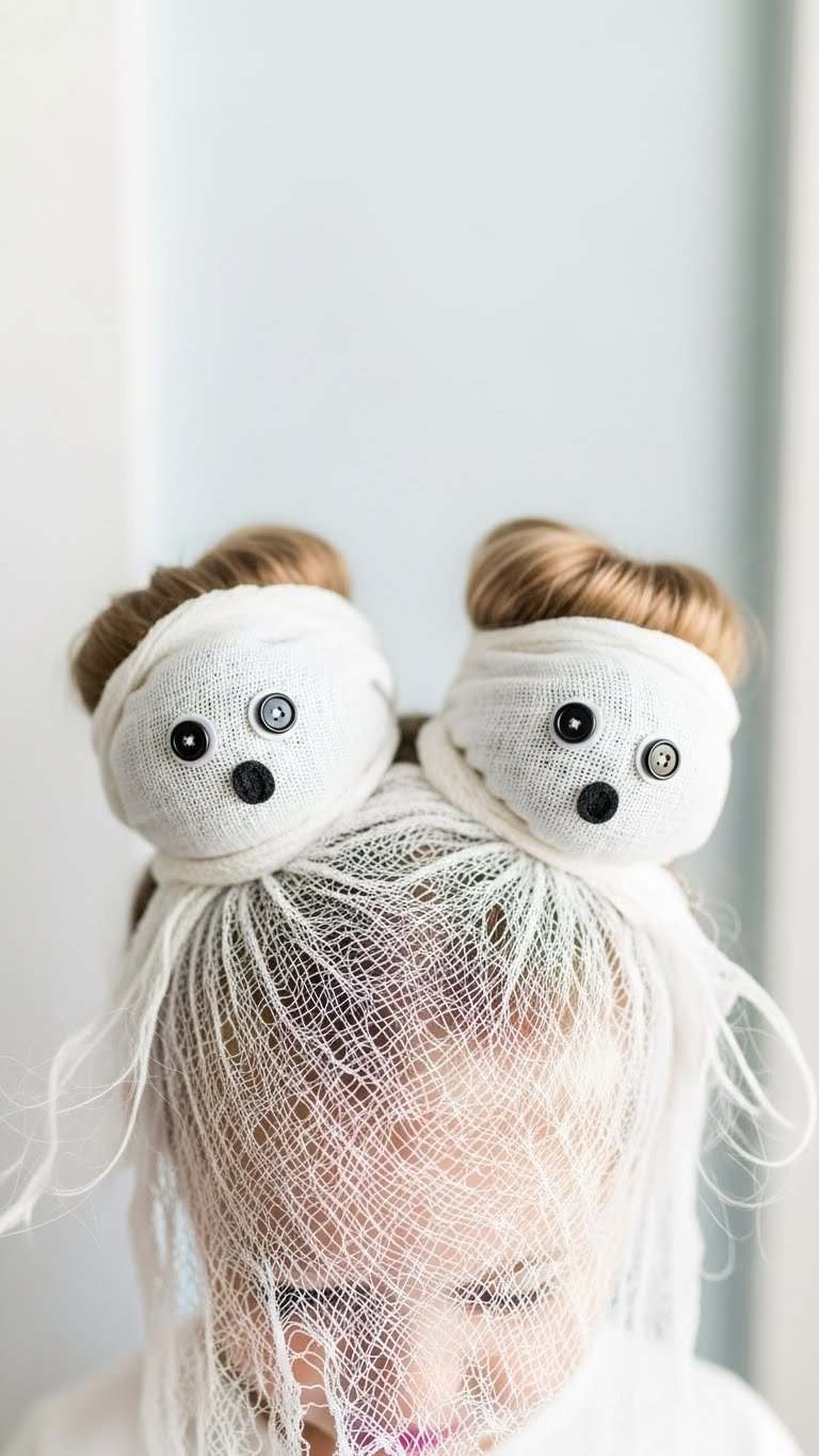 Cute ghost bun hairstyle with white fabric and button eyes on child's head against light backdrop