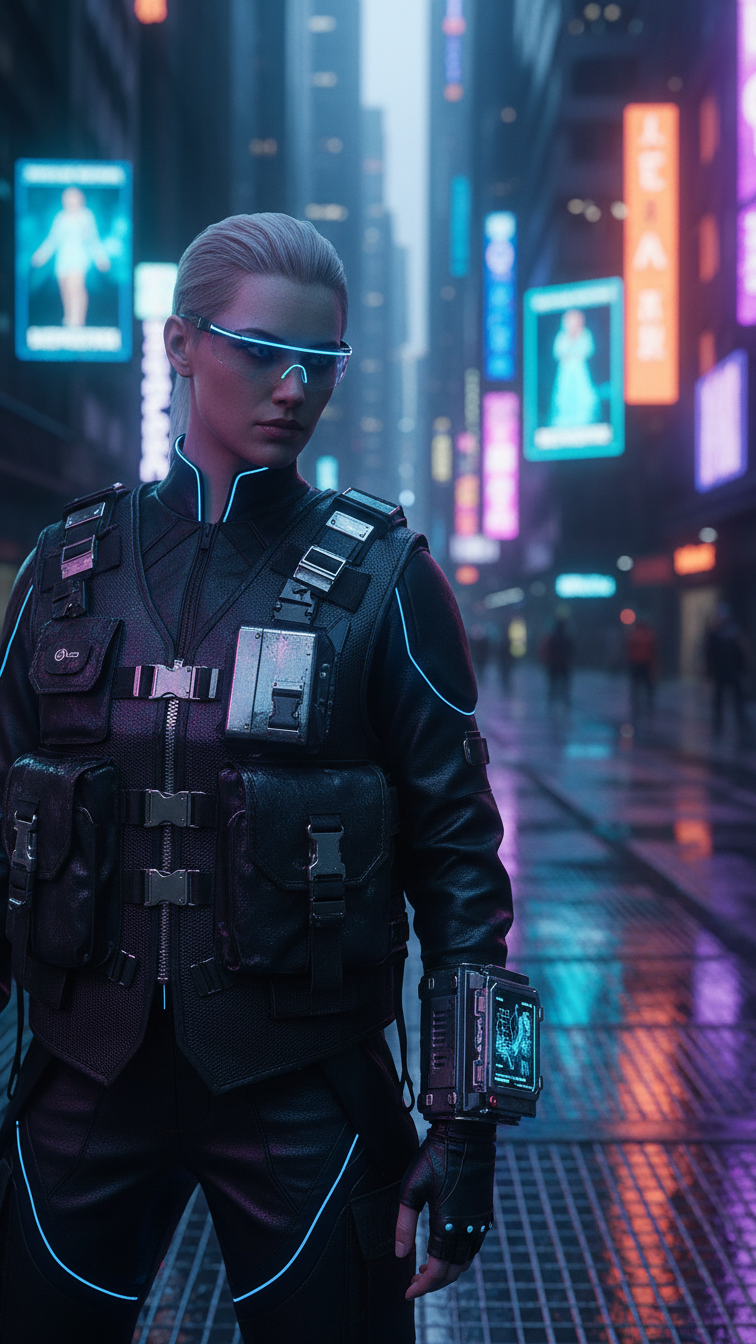 Cyberpunk chic utility vest outfit with metallic accents and neon lighting against futuristic city street backdrop