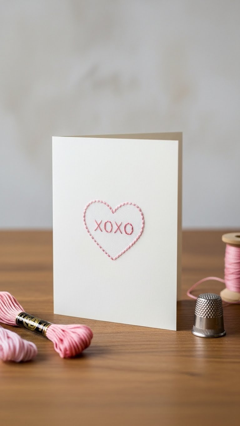 DIY Valentine's embroidered card with delicate heart motif on folded paper with embroidery floss and vintage thimble arrangement.