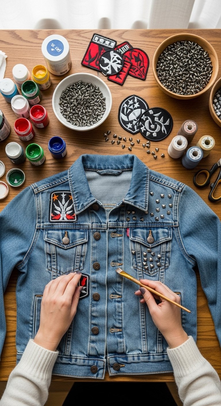 DIY customization of thrifted denim jacket with fabric paint and studs on wooden workspace table